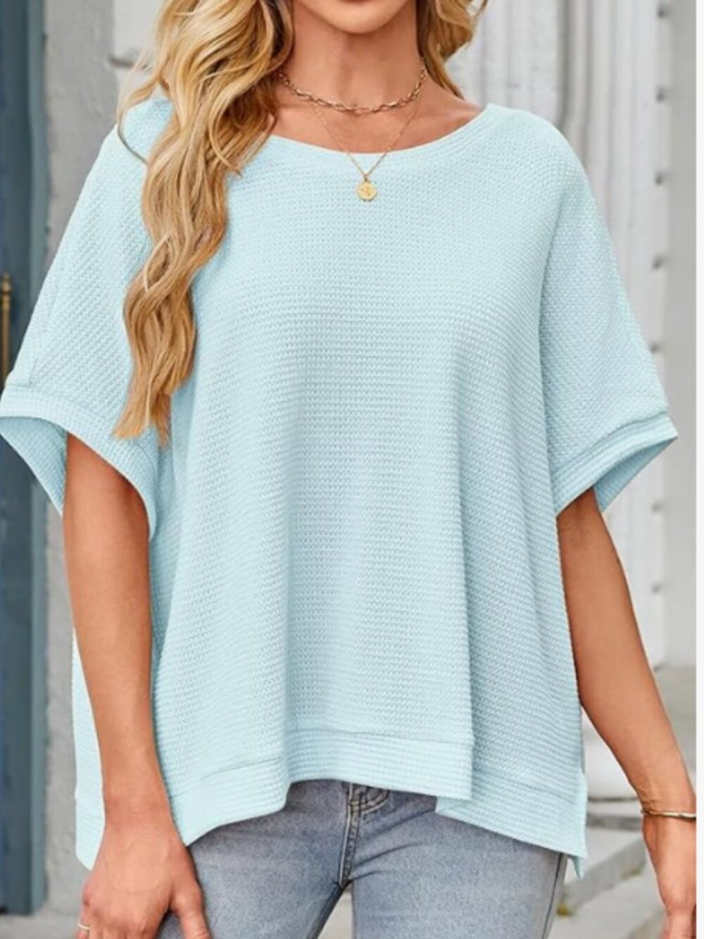 Falechay Casual Short Sleeve Waffle Knit Back-V Lace Oversized Loose Fit Tunic - Picture 4 of 7